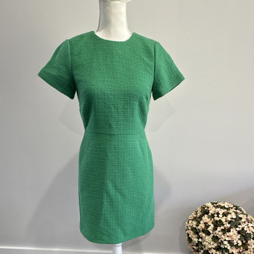 Ann Taylor Green Sheath Dress Sz 0P Petite Cap Sleeve Knee Crew Zip Cotton